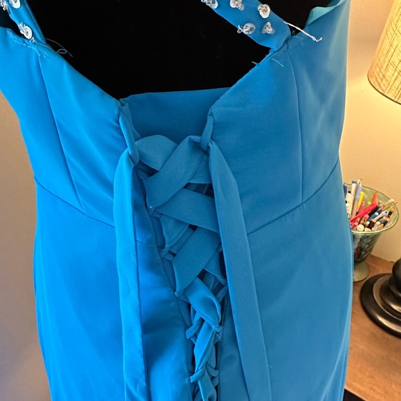One Shoulder Corset Back Evening Gown/Formal Dress | Turquoise/Blue w/ Sequins - Picture 9 of 16